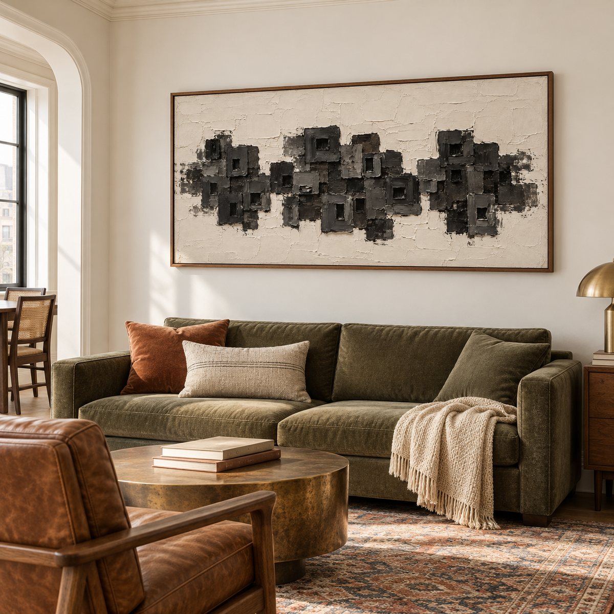 Large abstract painting on a broad wall in an expansive hospitality loft with daylight and open space.