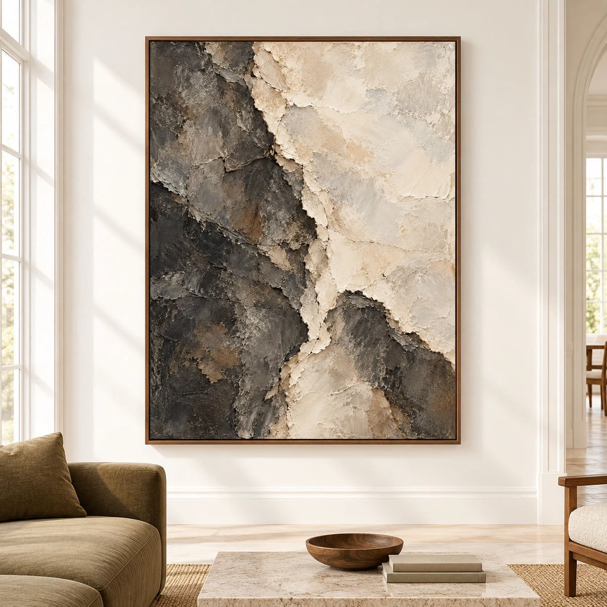 Large-scale, straight-on view of Basalt Divide centered on a broad gallery wall in an open, sunlit room.