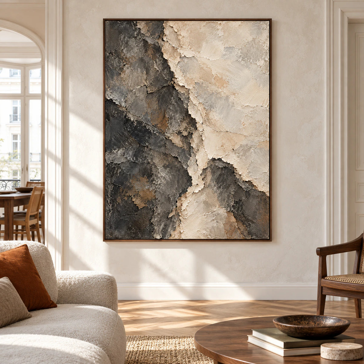 Basalt Divide as the focal point of a bright living room with restrained pale walls and contrasting walnut furniture.