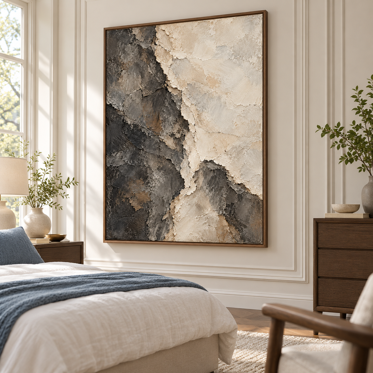 Basalt Divide centered above a low bed in a quiet, naturally lit bedroom with soft white bedding and restrained furnishings.