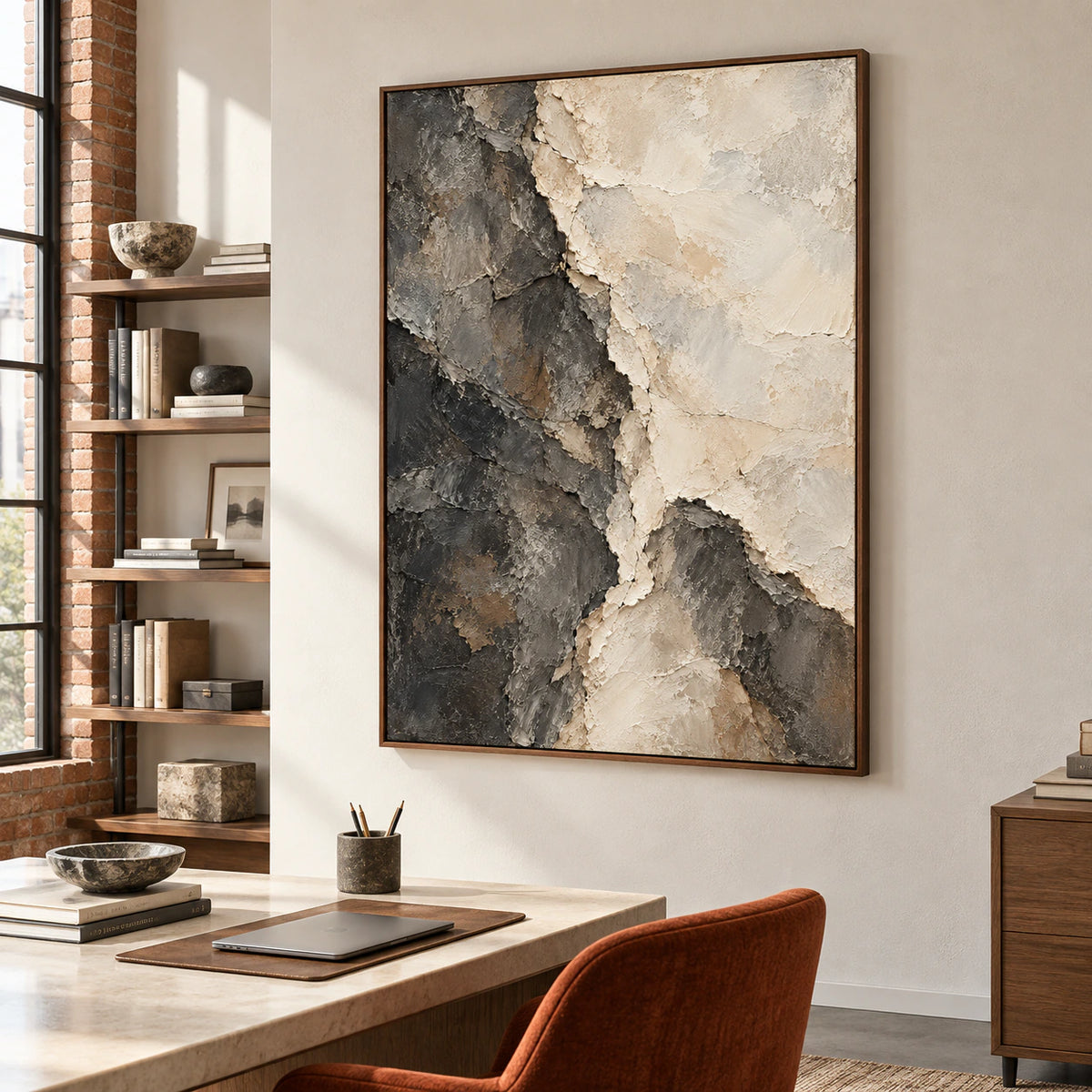 Basalt Divide anchoring an airy home office with a light desk, open shelving, and clear natural daylight.