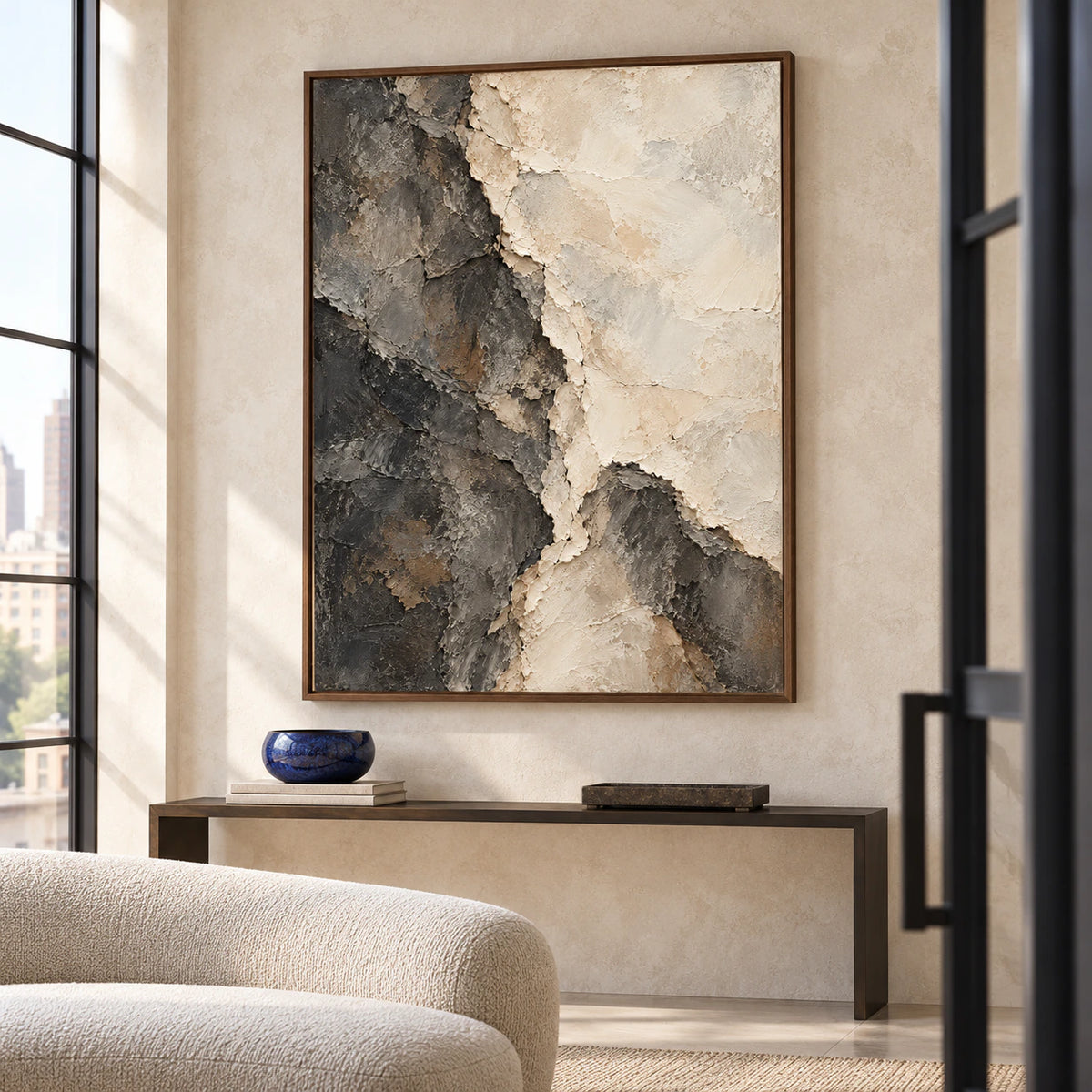 Basalt Divide displayed at gallery scale in a spacious foyer with pale stone walls and daylight from a tall side window.
