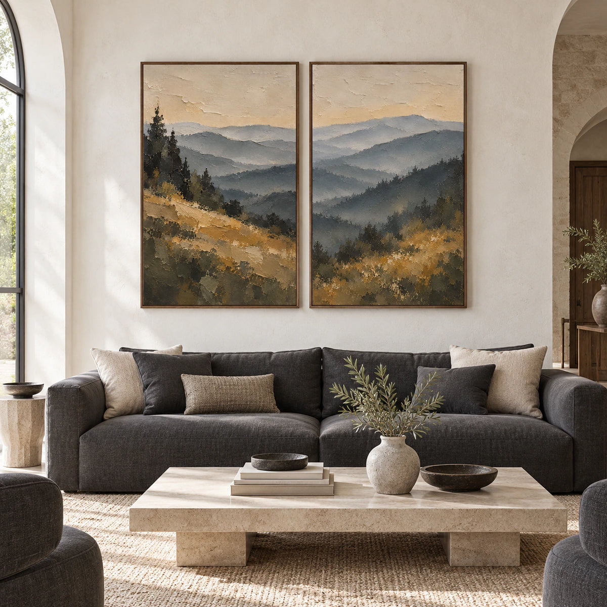 Large straight-on architectural room featuring the Basalt-Overlook vertical landscape diptych in slim walnut frames.