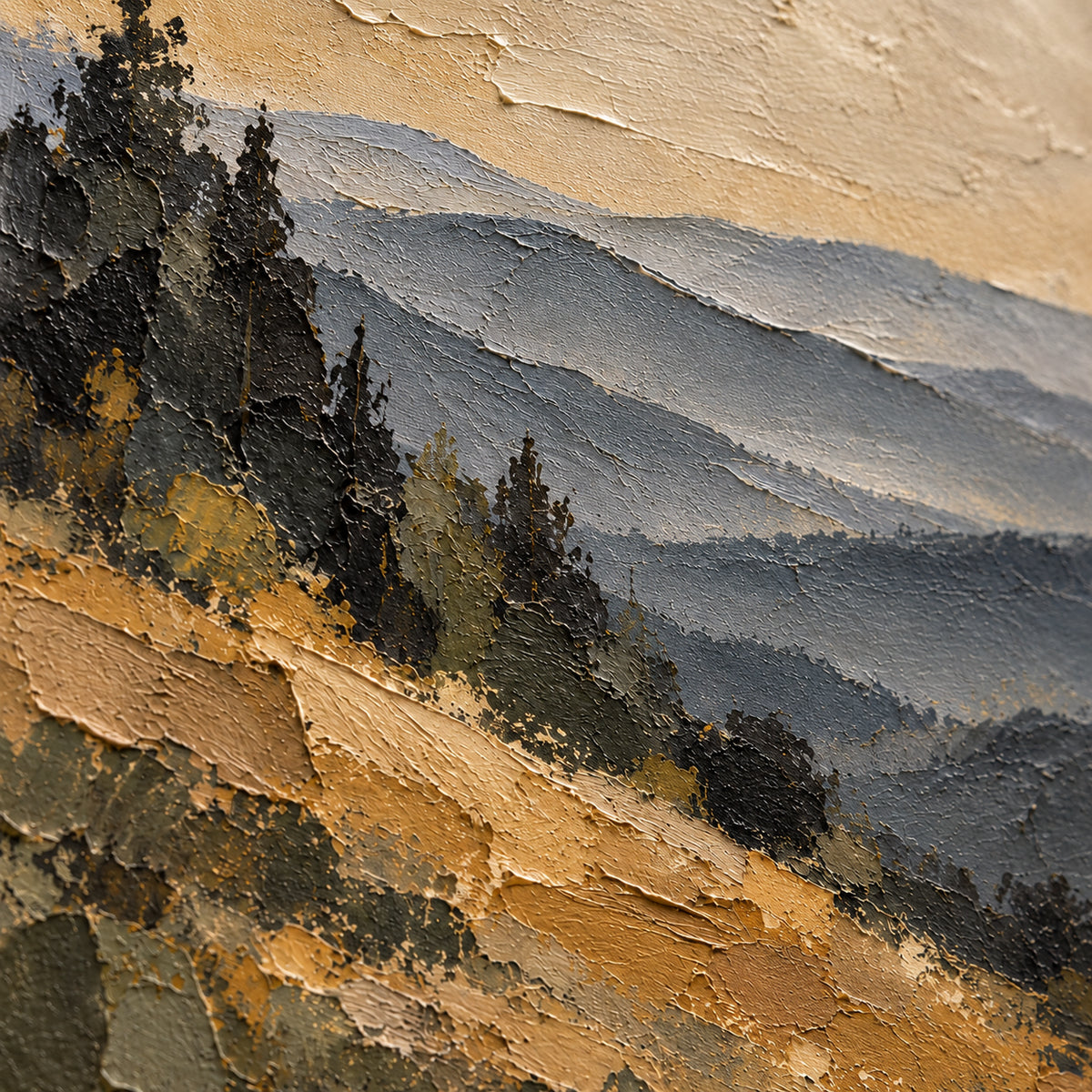 Basalt-Overlook oil painting brushwork and impasto detail photographed from an oblique side angle