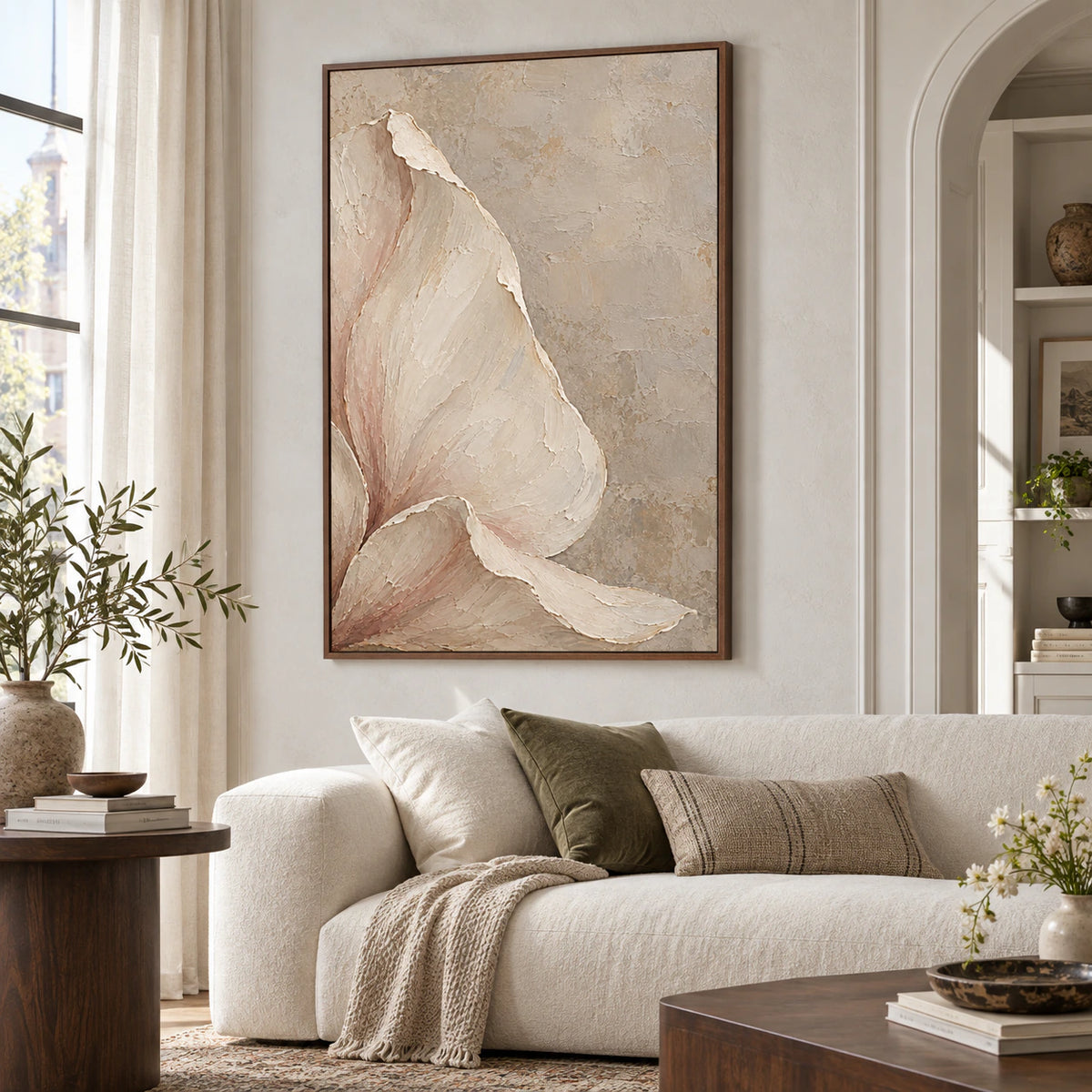 Bloom-Contour as the focal artwork above a restrained contemporary living-room seating arrangement.