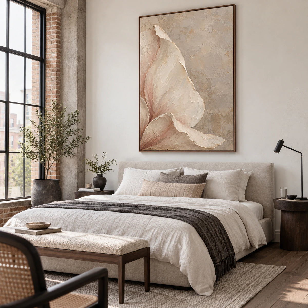 Bloom-Contour bringing quiet texture to a bright, serene bedroom.