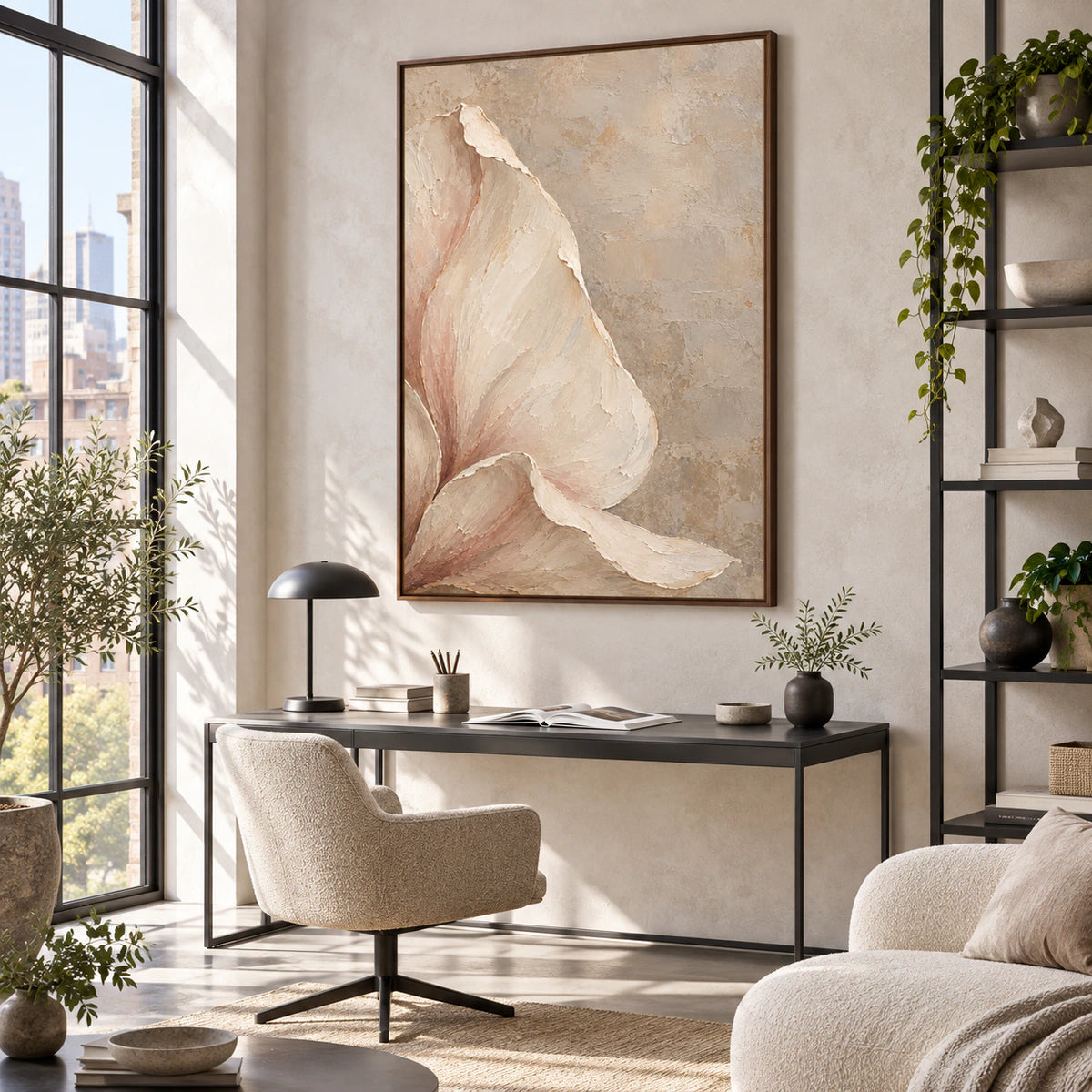 Bloom-Contour as a large-scale focal piece in an airy home office reading space.