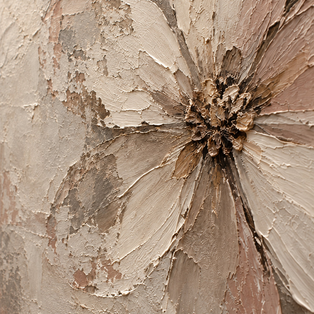 Bloom-Patina oil painting brushwork and impasto detail photographed from an oblique side angle