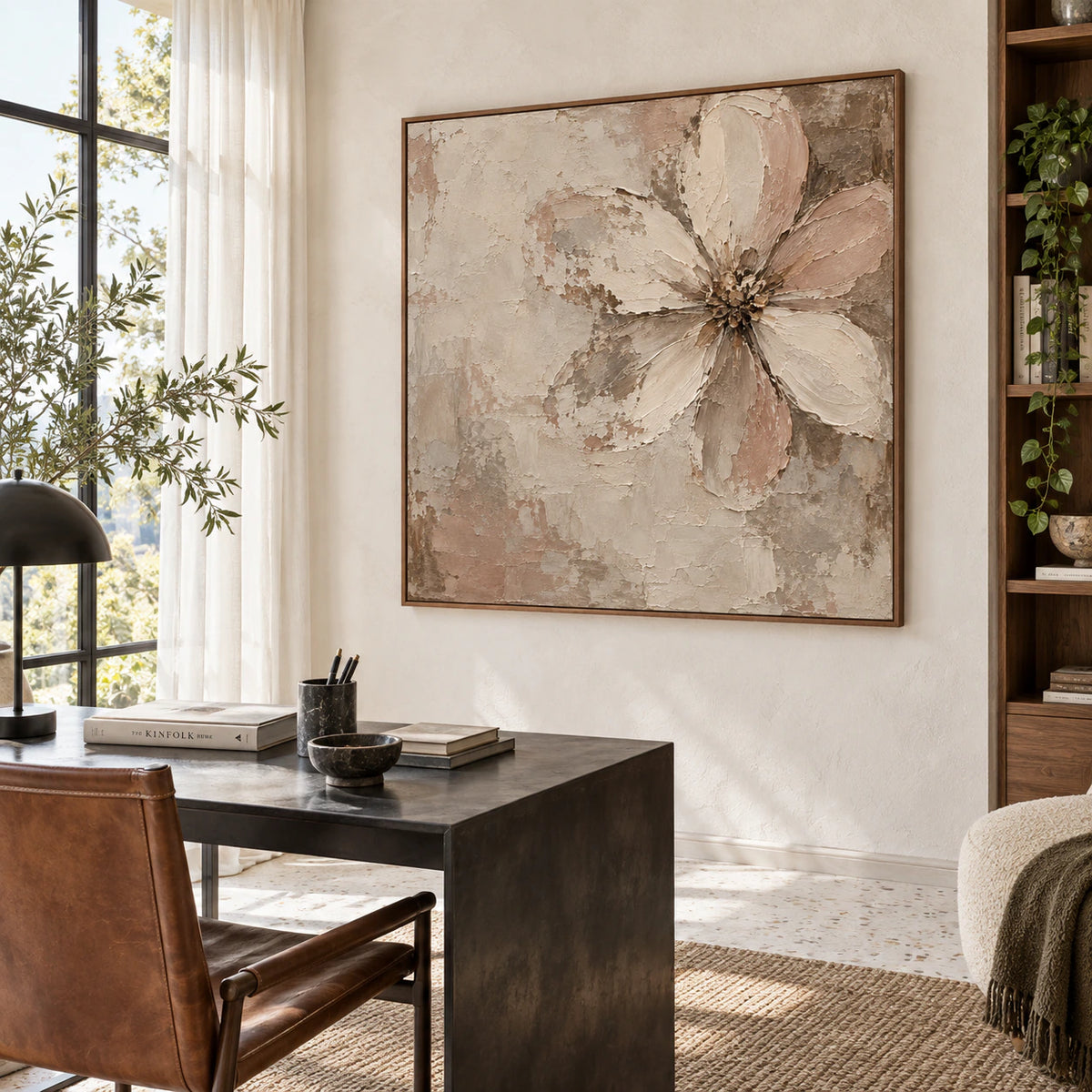 Bloom-Patina featured in an airy reading and home-office space.