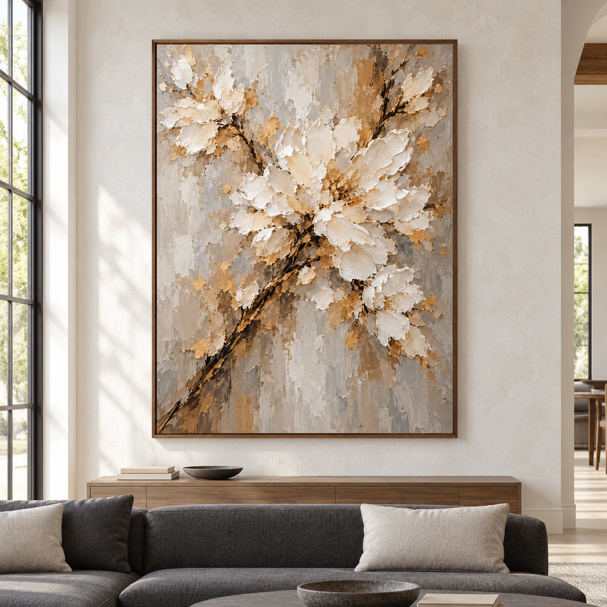 Large vertical Bloom Traverse painting displayed straight-on in a bright, spacious living room.