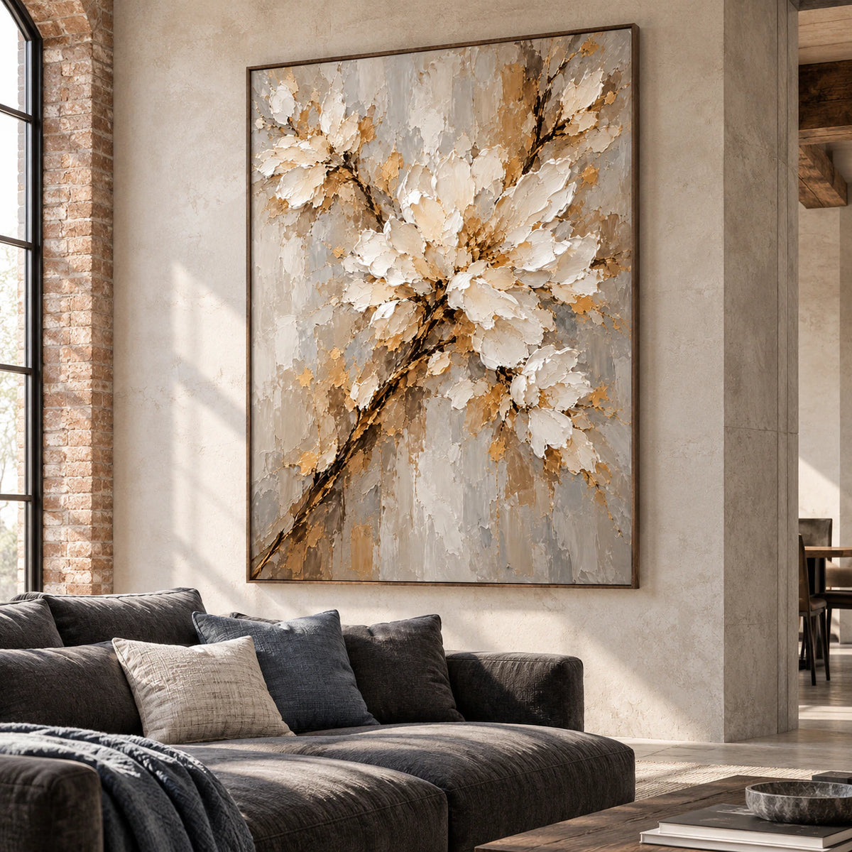 Bloom Traverse displayed as the focal artwork in a bright living room with restrained contemporary furnishings.