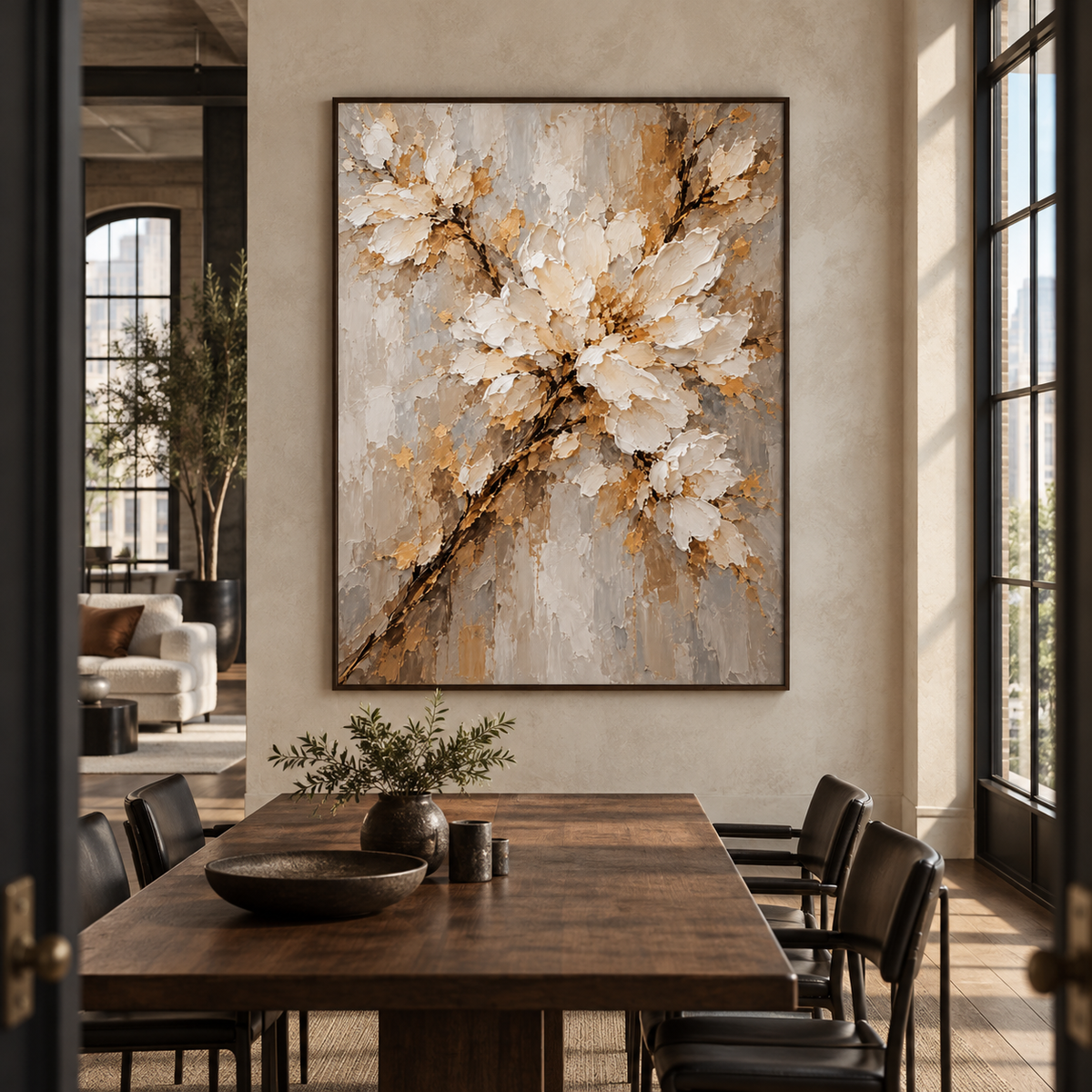 Bloom Traverse above a long dining table in a refined, daylight-filled dining room.