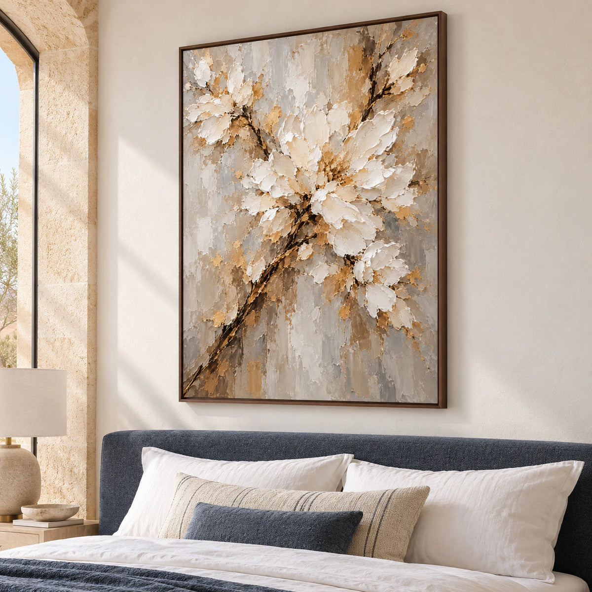 Bloom Traverse bringing a quiet focal point to a softly lit, neutral bedroom.