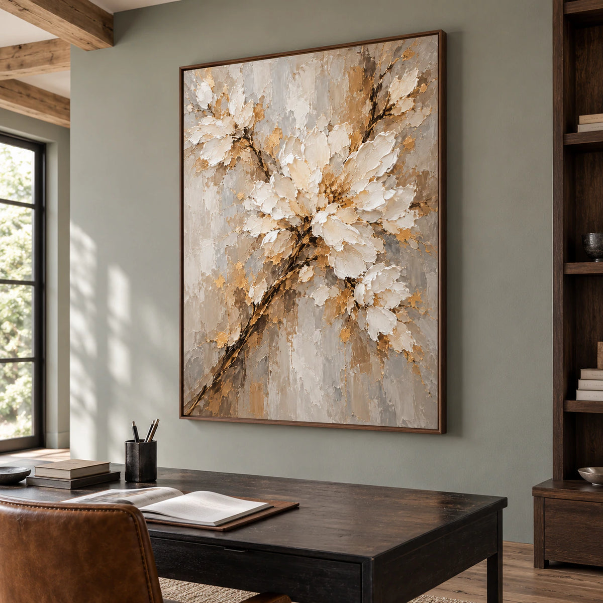 Bloom Traverse above a desk in an airy home office with open shelving and daylight.