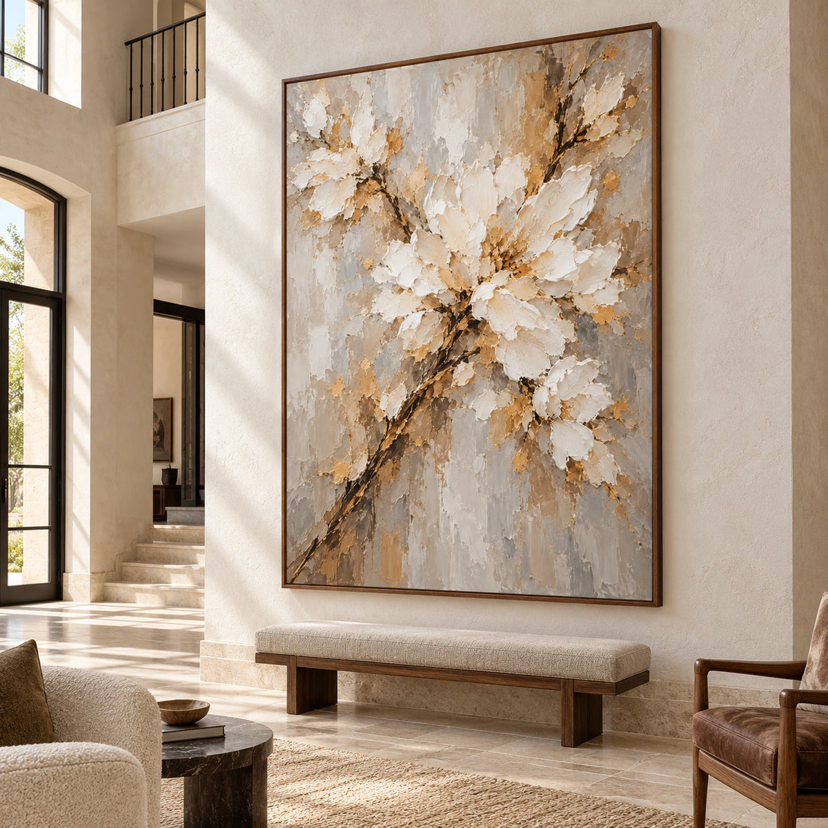 Bloom Traverse displayed at gallery scale in a bright foyer with a tall wall and broad circulation space.