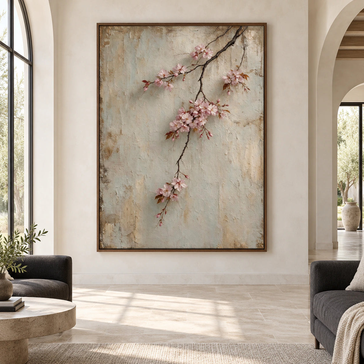 Large vertical Blossom-Patina painting displayed straight-on in a bright expansive living space.