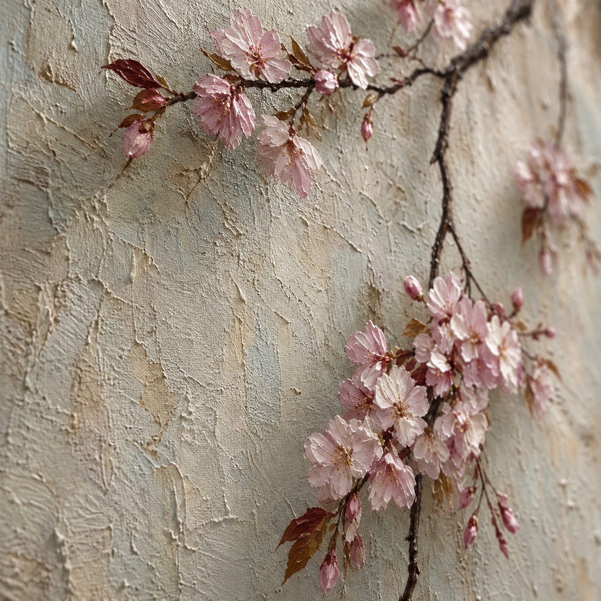 Blossom-Patina oil painting brushwork and impasto detail photographed from an oblique side angle