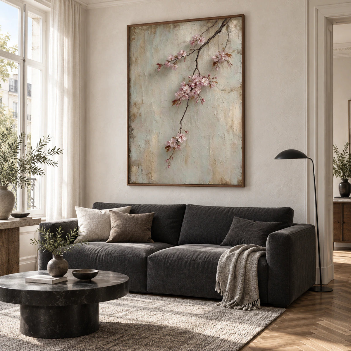 Blossom-Patina as the focal artwork above a restrained sofa in a bright living room.