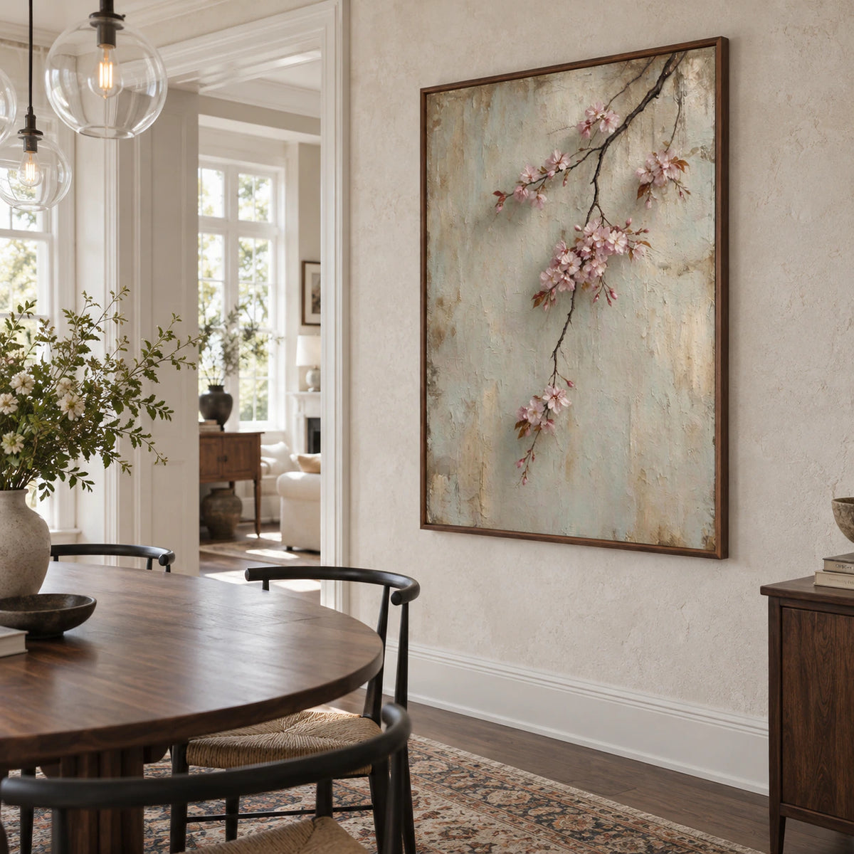 Vertical Blossom-Patina painting in a refined daylight-filled dining room.