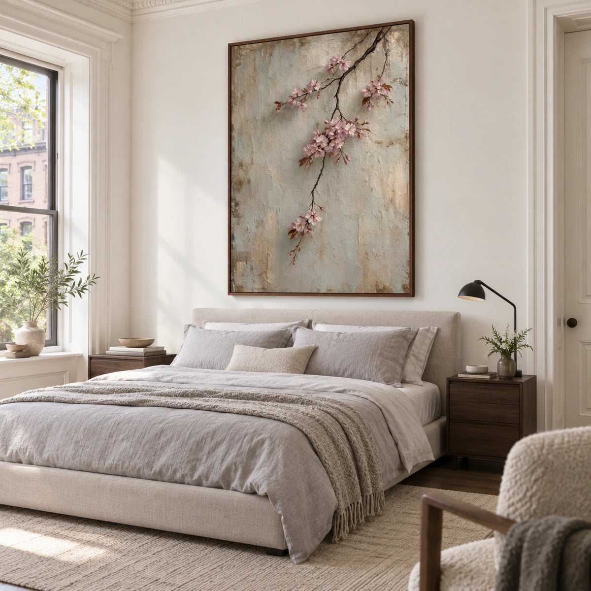 Blossom-Patina displayed above a low bed in a quiet bright bedroom.