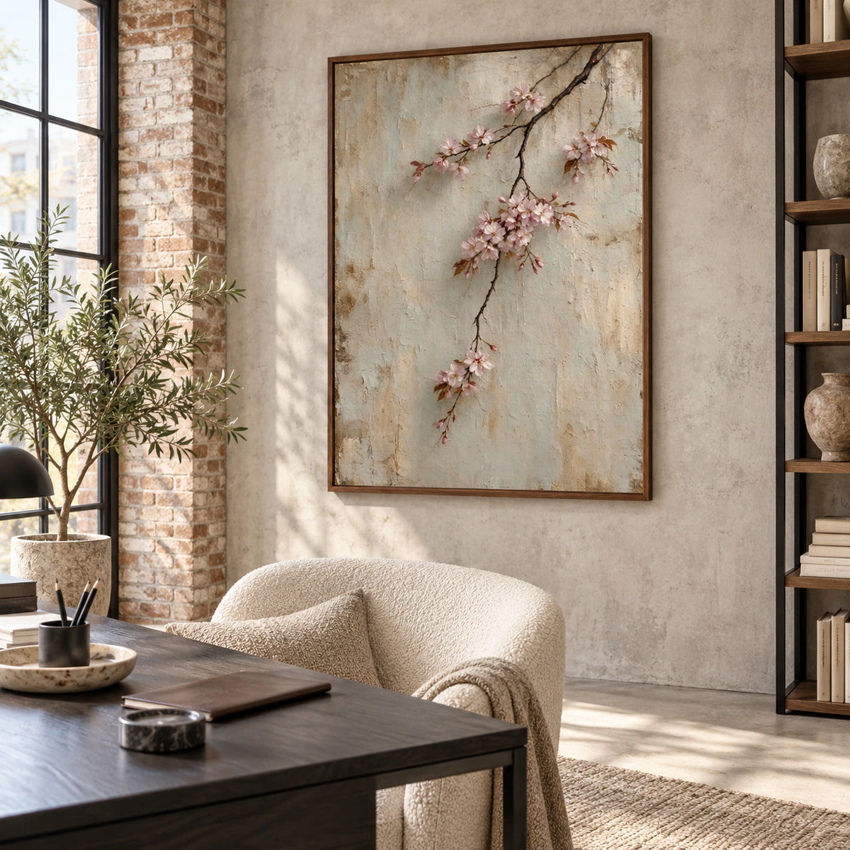 Blossom-Patina featured in an airy reading and home-office space.