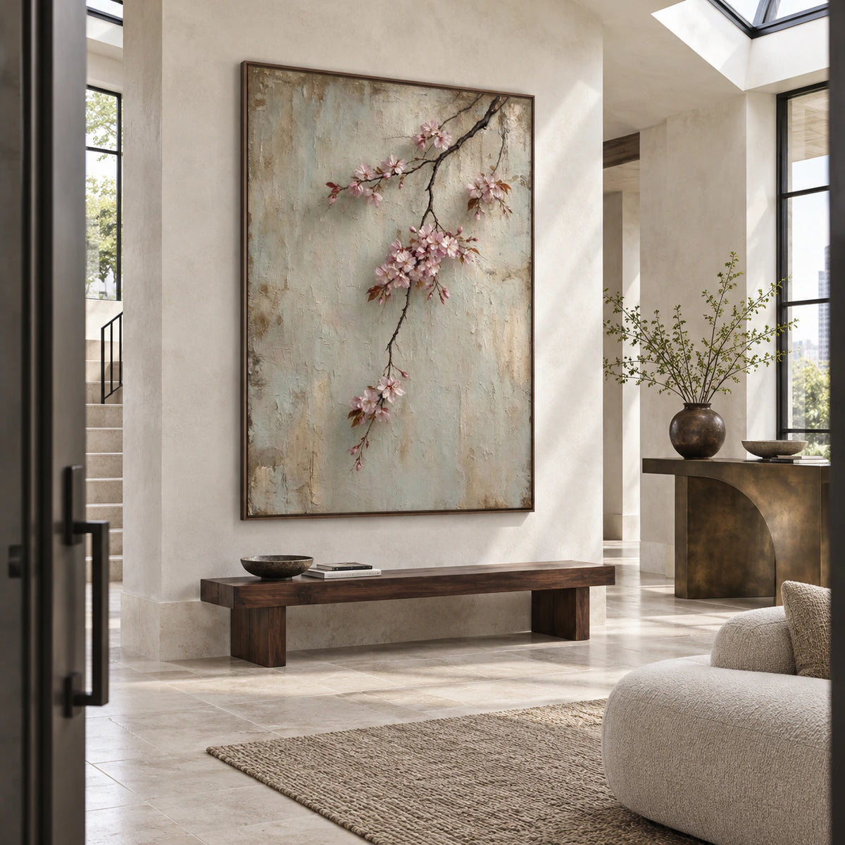 Large Blossom-Patina painting in a gallery-scale naturally lit foyer.