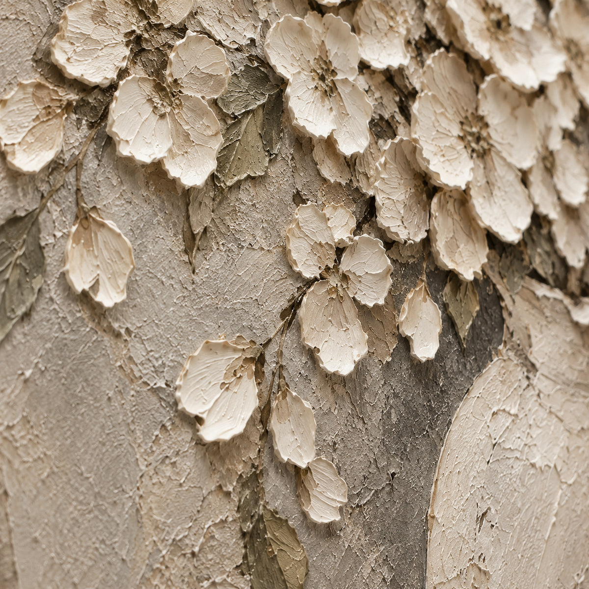 Blossom-Relic oil painting brushwork and impasto detail photographed from an oblique side angle