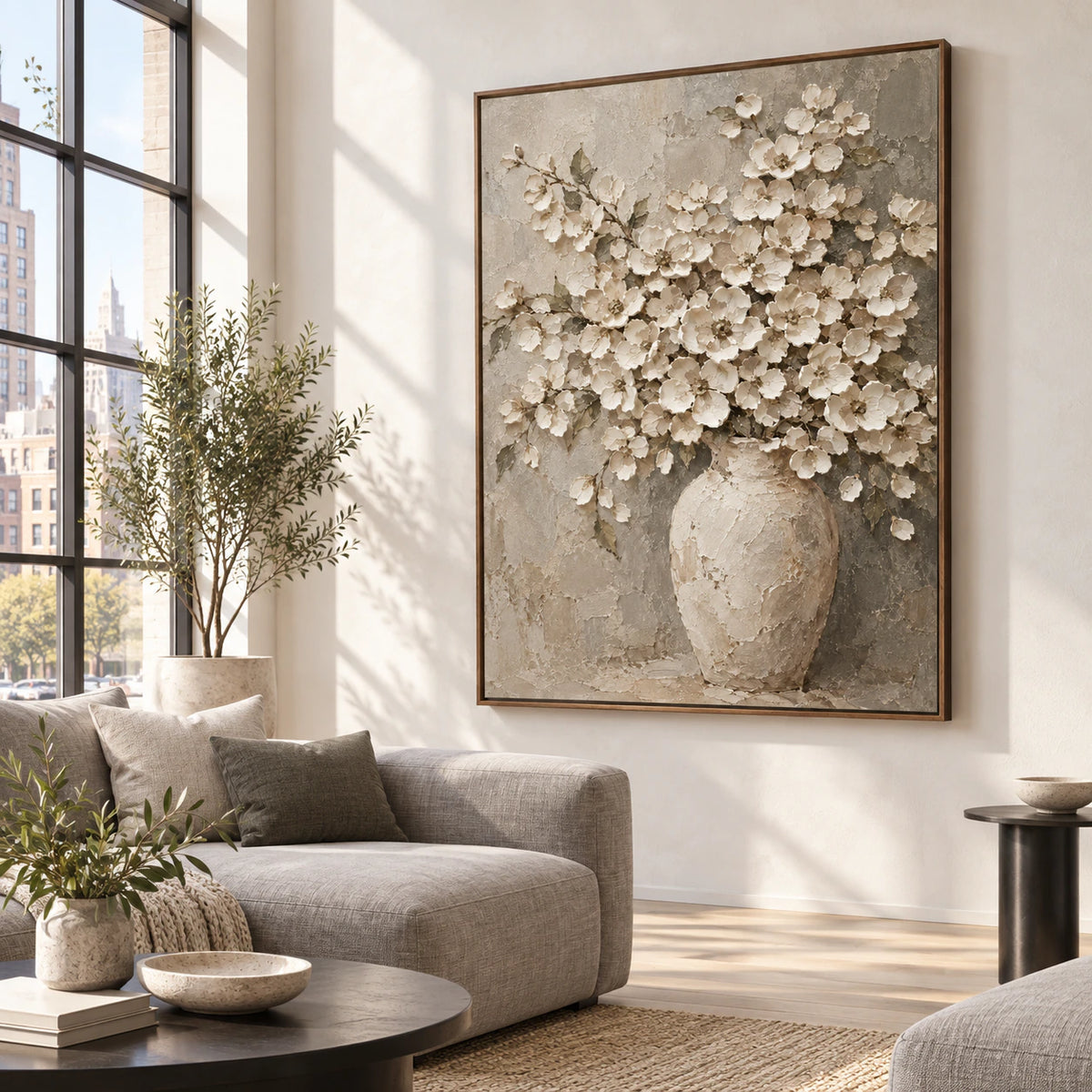 Blossom-Relic as the focal artwork in a bright contemporary living room.