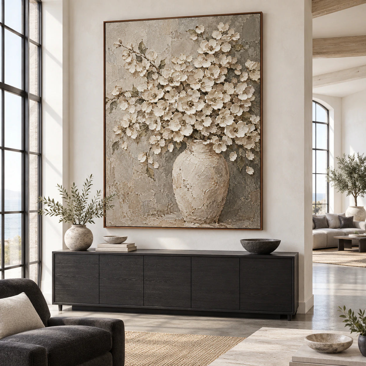 Blossom-Relic as the central artwork in a bright loft hospitality interior.