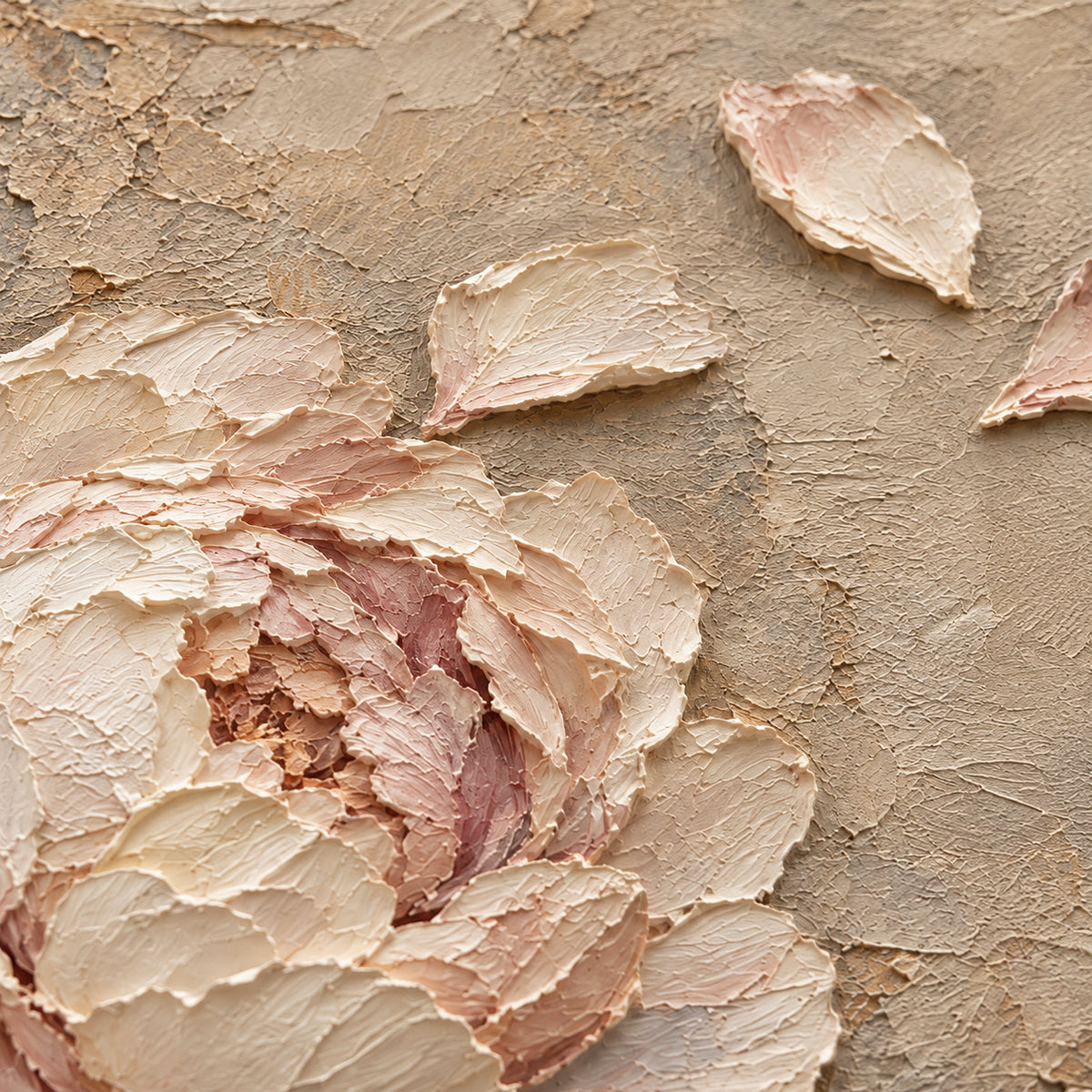 Blush-Bloom oil painting brushwork and impasto detail photographed from an oblique side angle