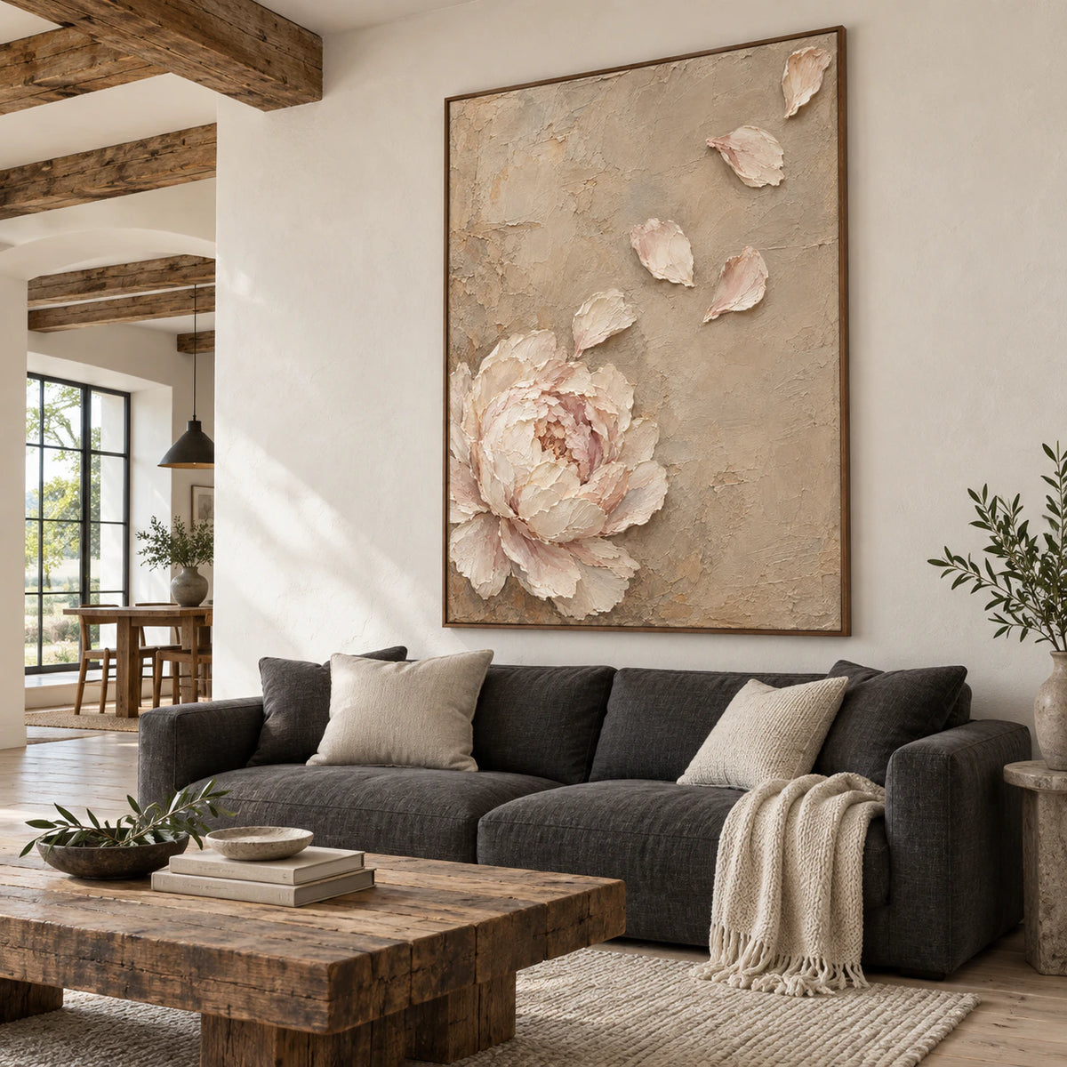 Blush-Bloom as the focal artwork above a sofa in a bright living room.