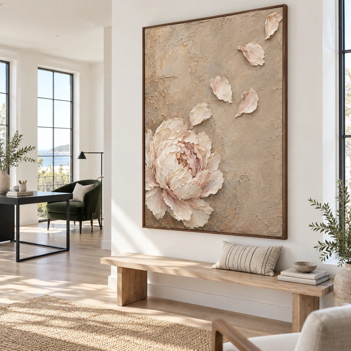 Blush-Bloom as the central artwork in an airy reading and home-office space.