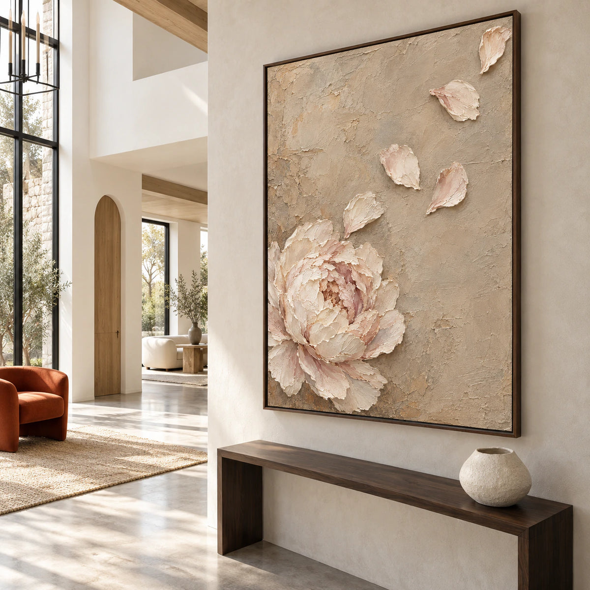 Blush-Bloom at gallery scale in a bright architectural foyer.