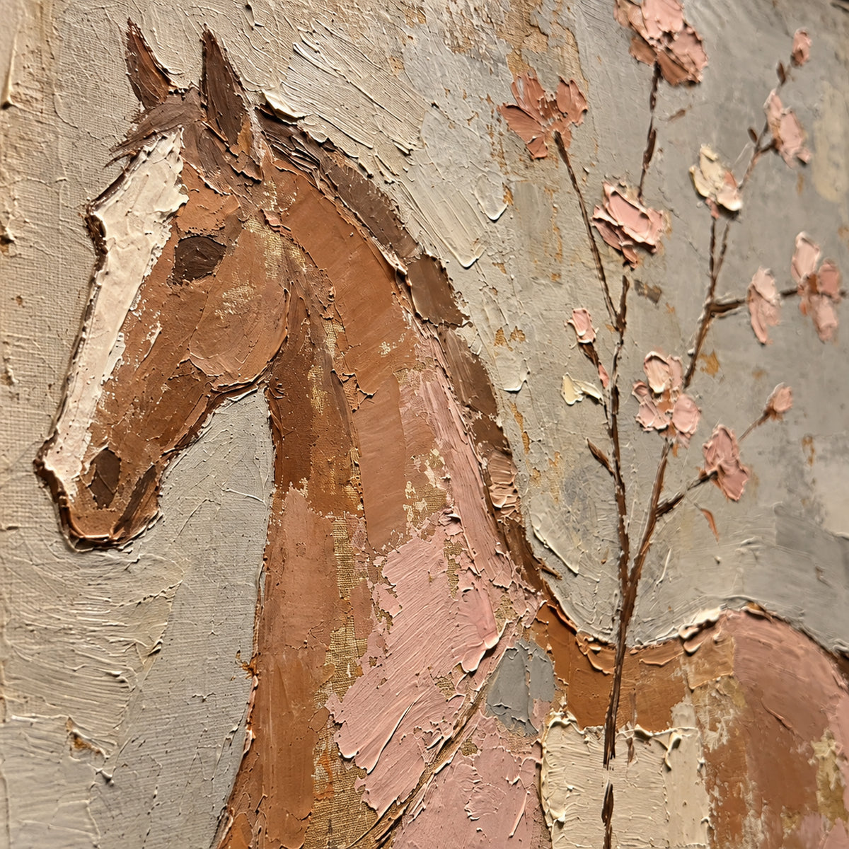 Blush-Canter oil painting brushwork and impasto detail photographed from an oblique side angle