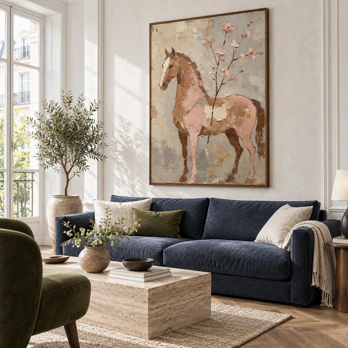 Blush-Canter as a large focal artwork in a bright contemporary living room.