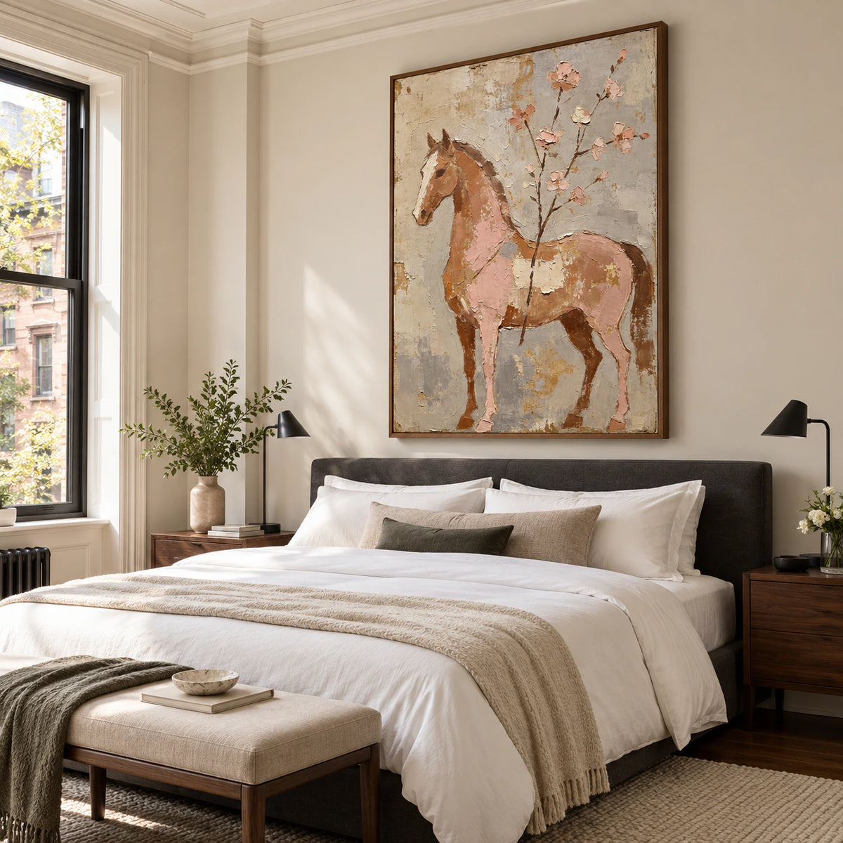 Blush-Canter as the focal wall art in a quiet, light-filled bedroom.