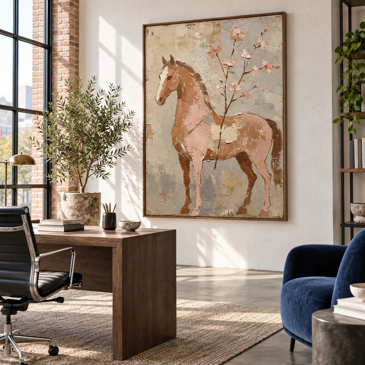 Blush-Canter featured at large scale in an airy home office reading space.