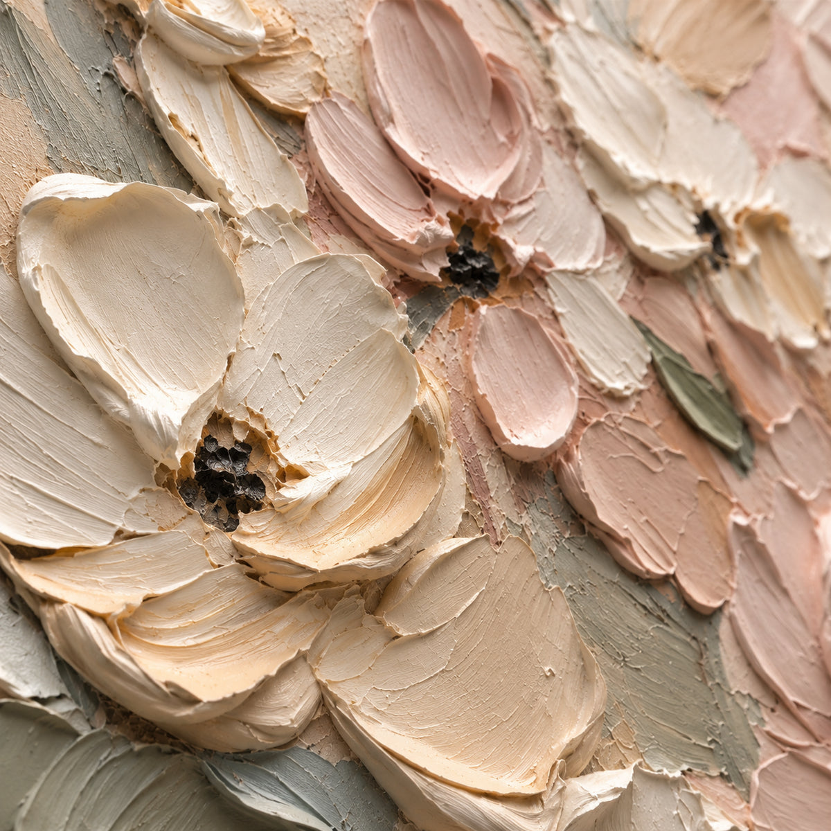Blush-Garden oil painting brushwork and impasto detail photographed from an oblique side angle