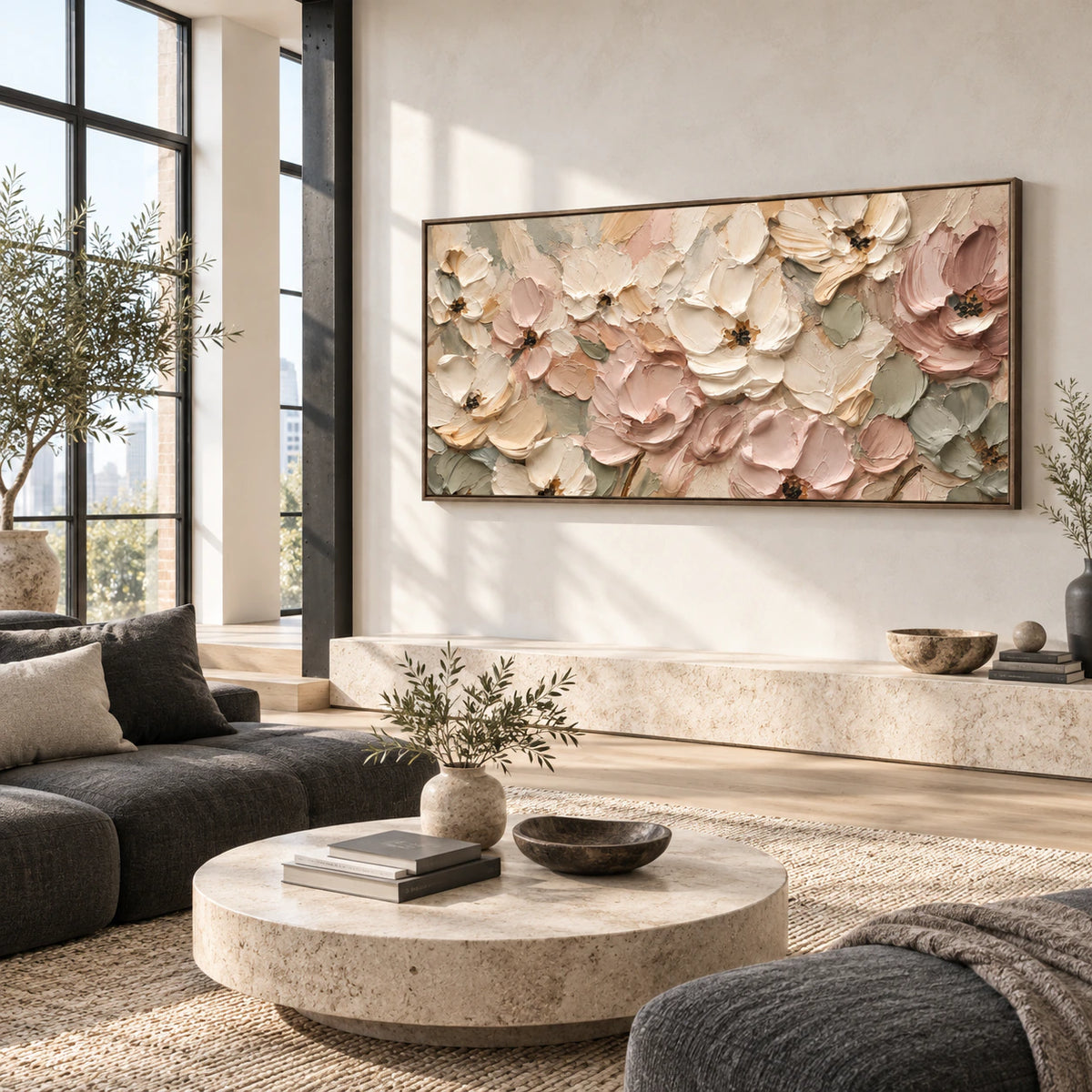 Blush-Garden above a restrained sofa in a bright daylight living room.
