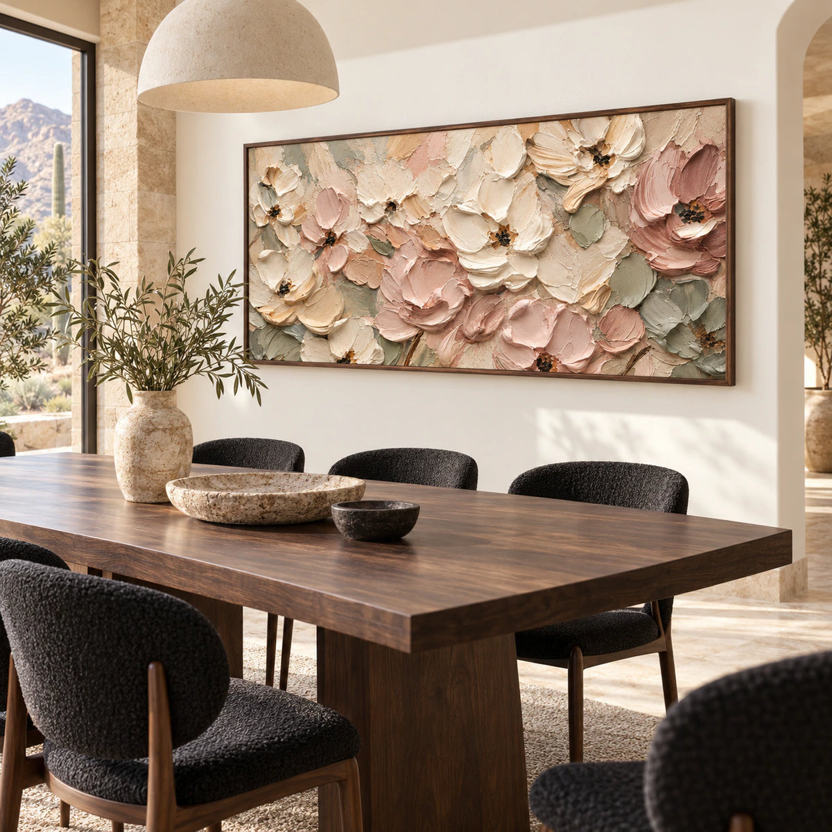 Blush-Garden anchoring a refined dining room with natural daylight.