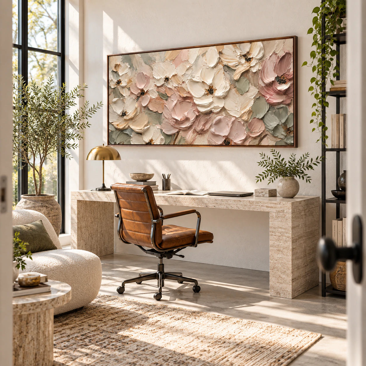 Blush-Garden in an airy home office reading space with clean natural light.