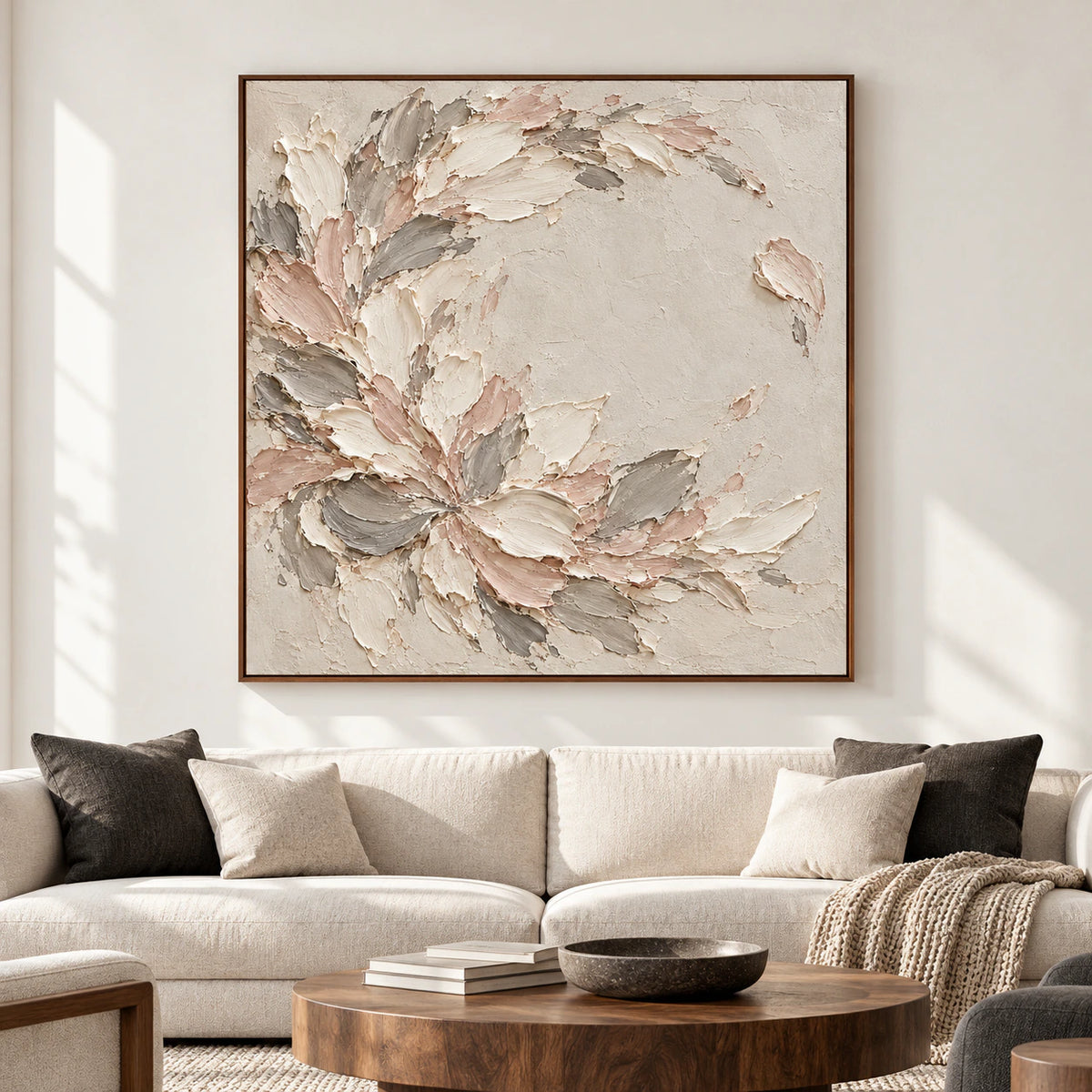 Large square Blush-Scatter artwork displayed straight-on in a bright, spacious living room.