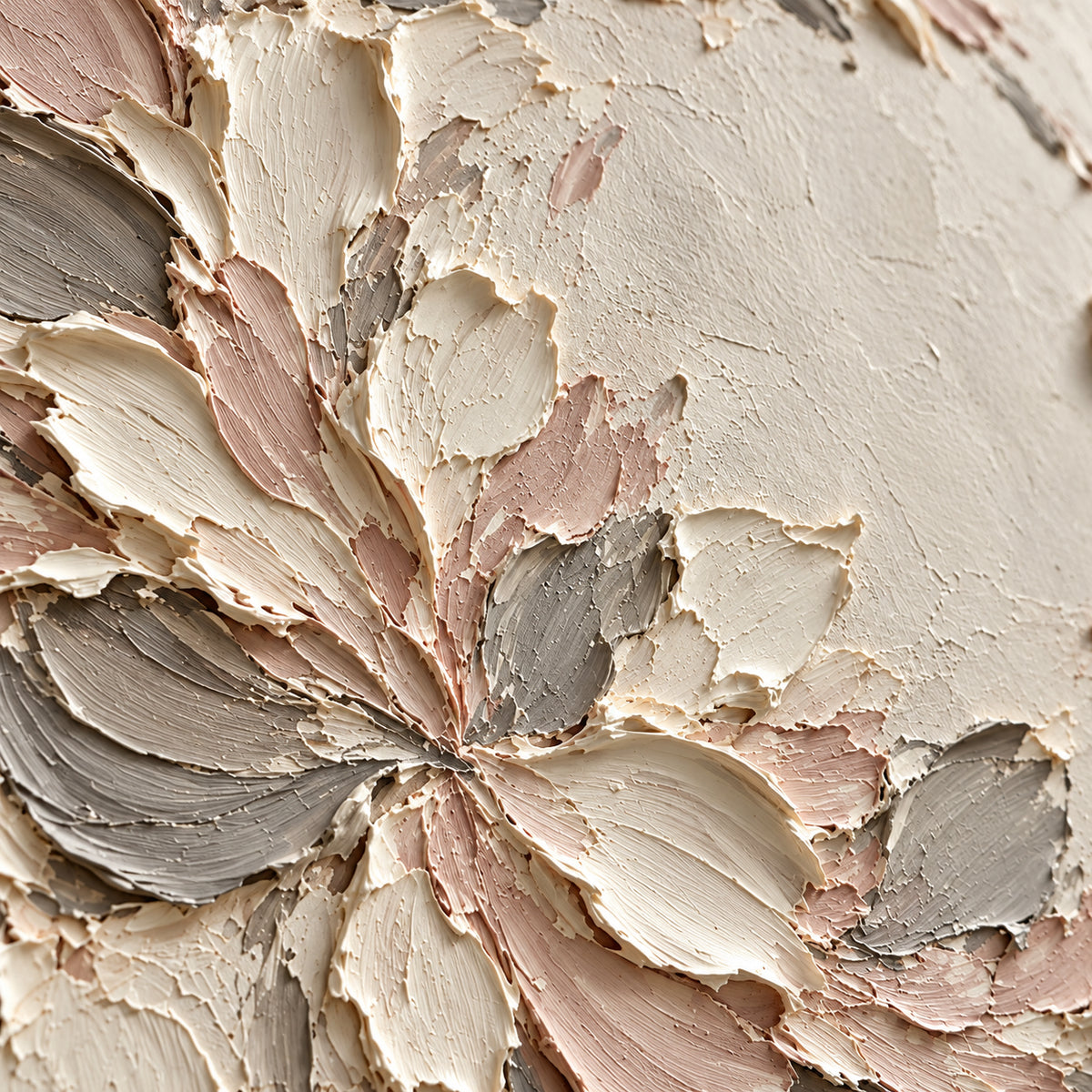 Blush-Scatter oil painting brushwork and impasto detail photographed from an oblique side angle
