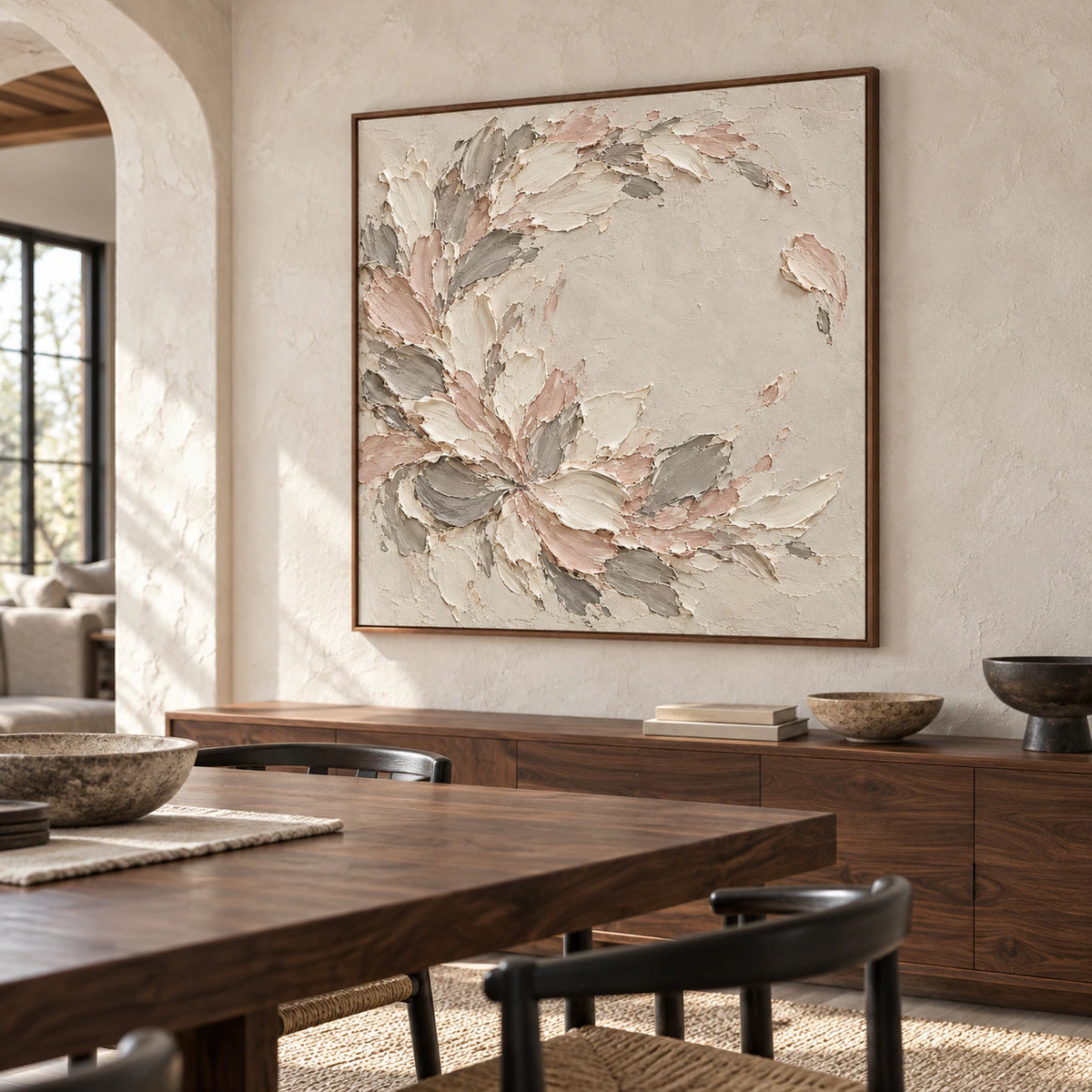 Blush-Scatter artwork in a refined dining room above a dark wood sideboard.