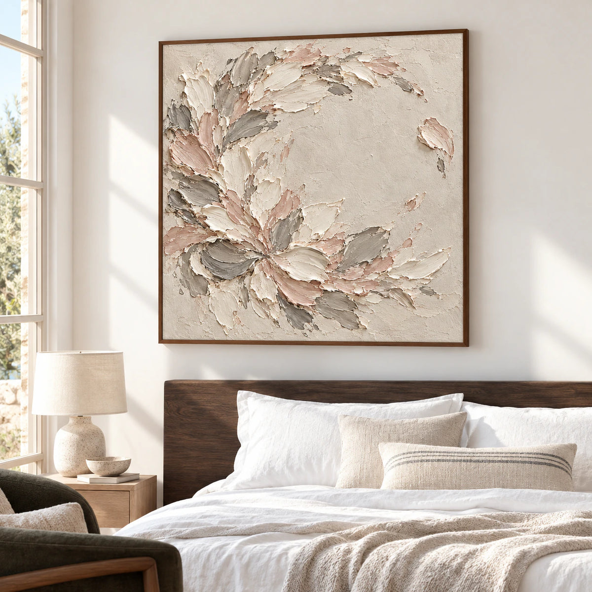 Blush-Scatter artwork above a low bed in a quiet bedroom with pale linens.
