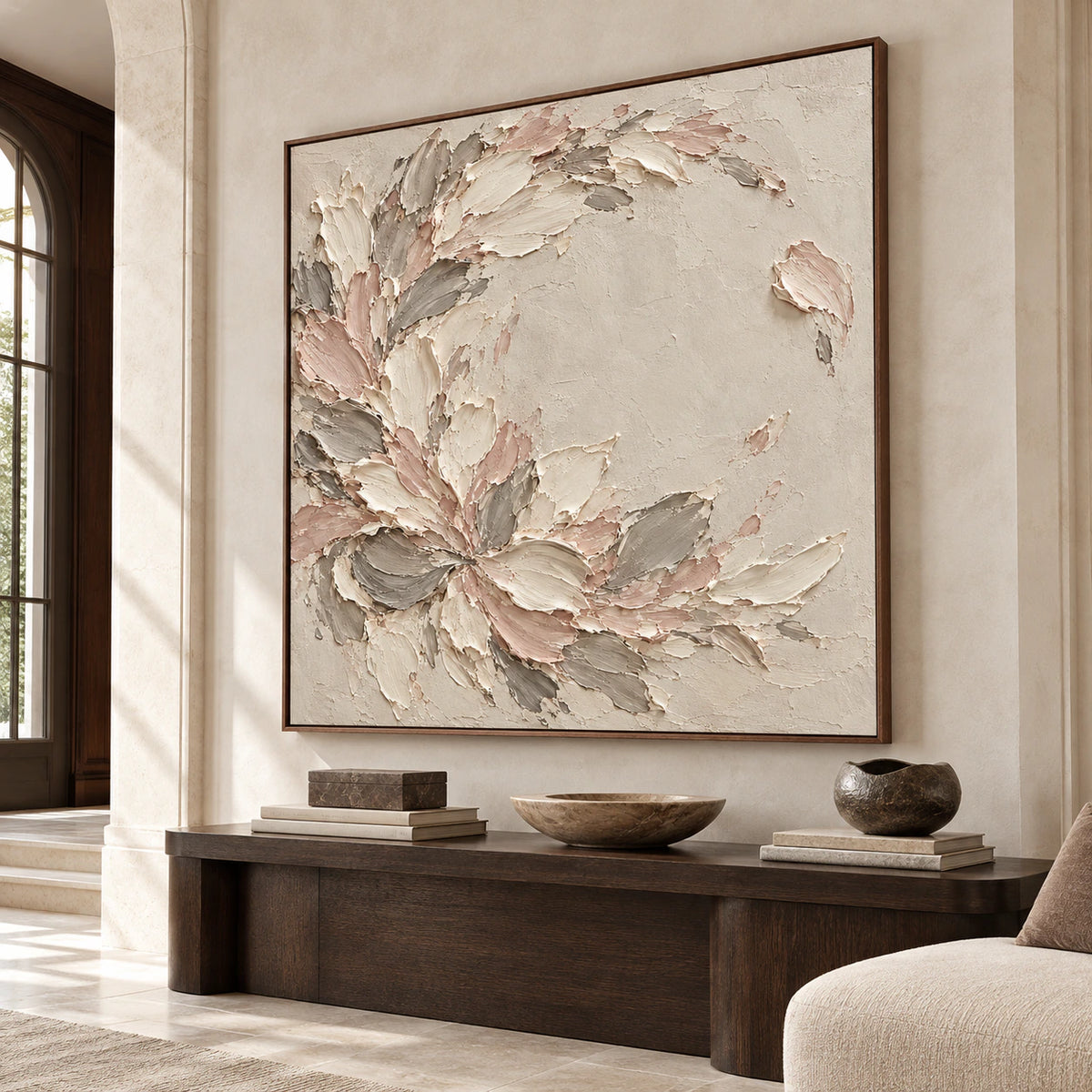 Large Blush-Scatter artwork anchoring a bright, gallery-scale foyer.