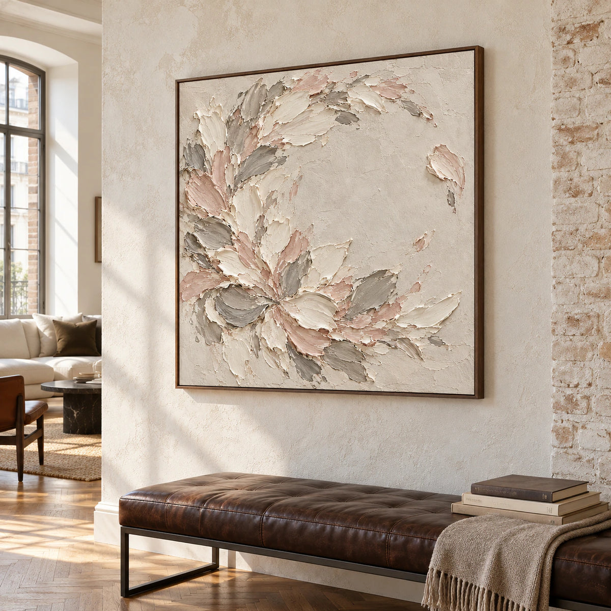 Blush-Scatter artwork displayed prominently in an expansive, light-filled loft interior.