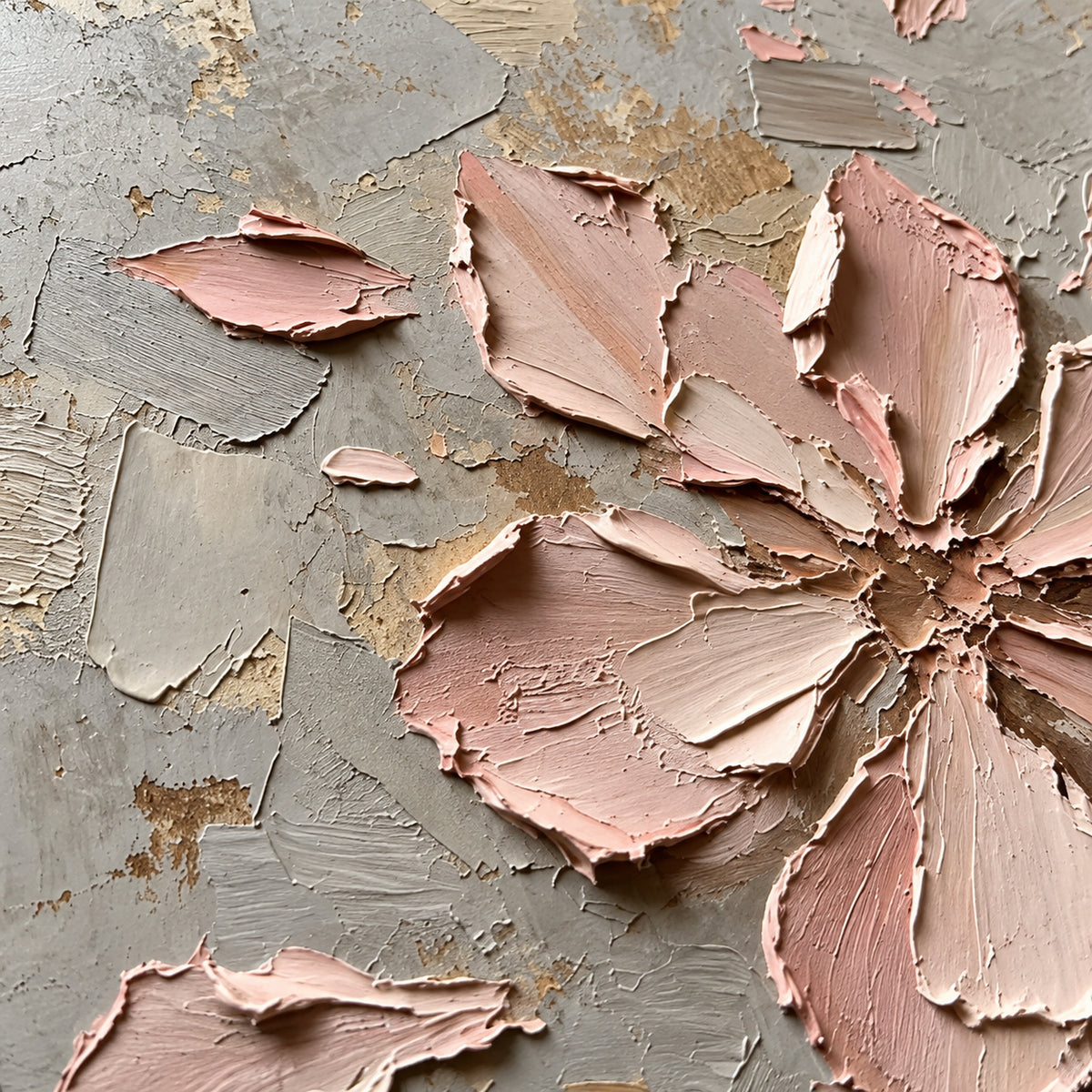Blush-Vestige oil painting brushwork and impasto detail photographed from an oblique side angle