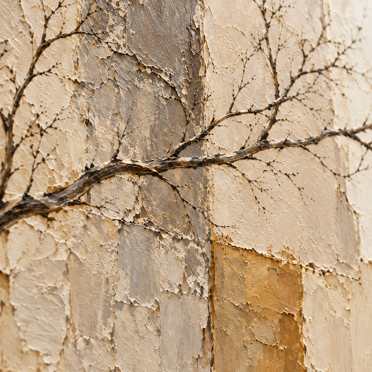 Branching-Patina oil painting brushwork and impasto detail photographed from an oblique side angle