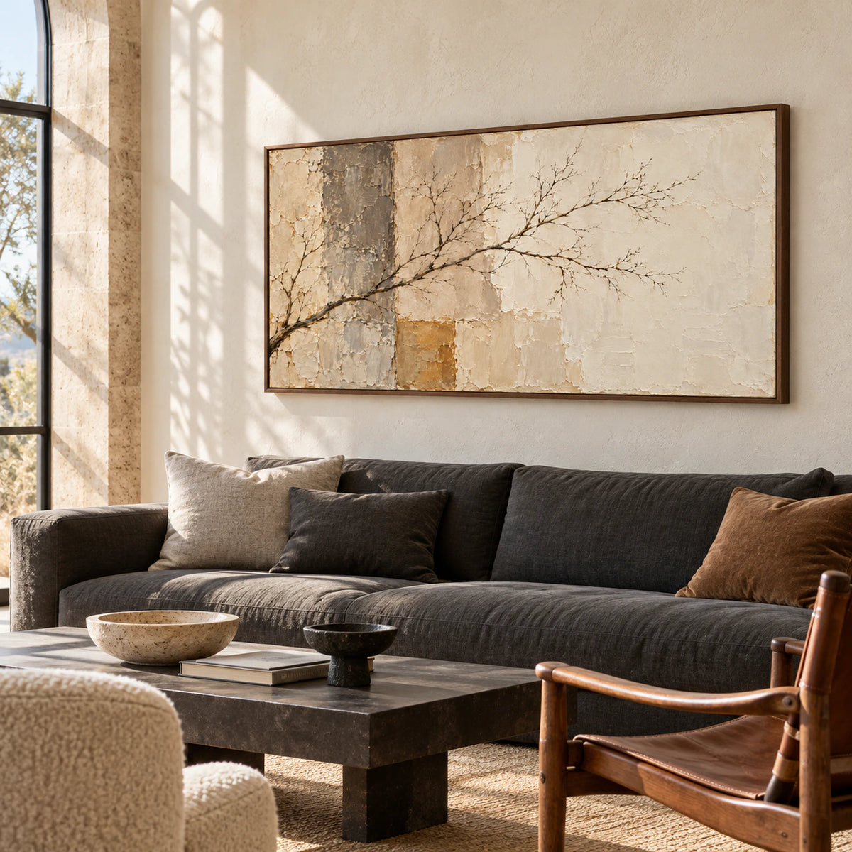 Large horizontal branching artwork above a charcoal sofa in a bright living room with pale plaster walls and daylight from tall windows.